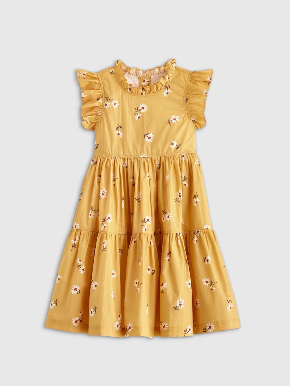 Girls Sz 8 Quince NWT Yellow Floral Poplin Ruffle Sleeve Tiered Dress
